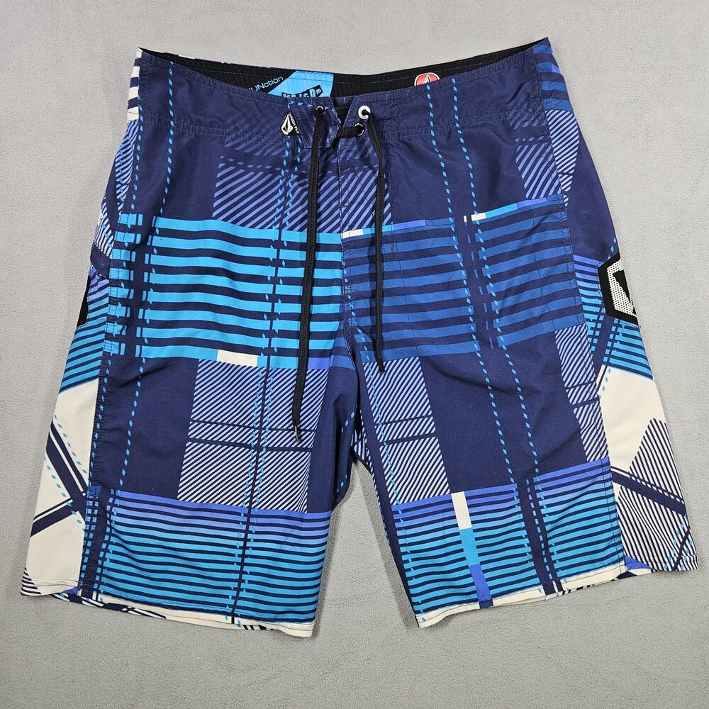 Y2K Volcom Pure Function‎ Board Shorts Mens 34 Blue 4-Way Stretch Abstract Logo